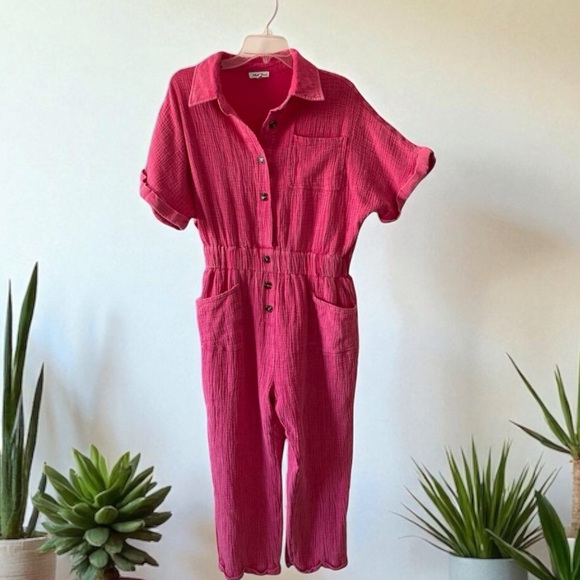 White Birch Pink Gauze Button-Up Jumpsuit | Size Large  boho beachy cottagecore - Picture 3 of 15